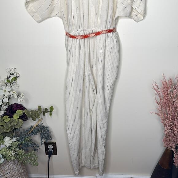 ANTHROPOLOGIE Feather Bone Soleil Belted Wrap Front Stripe Jumpsuit Ivory {LL35} - Picture 5 of 7